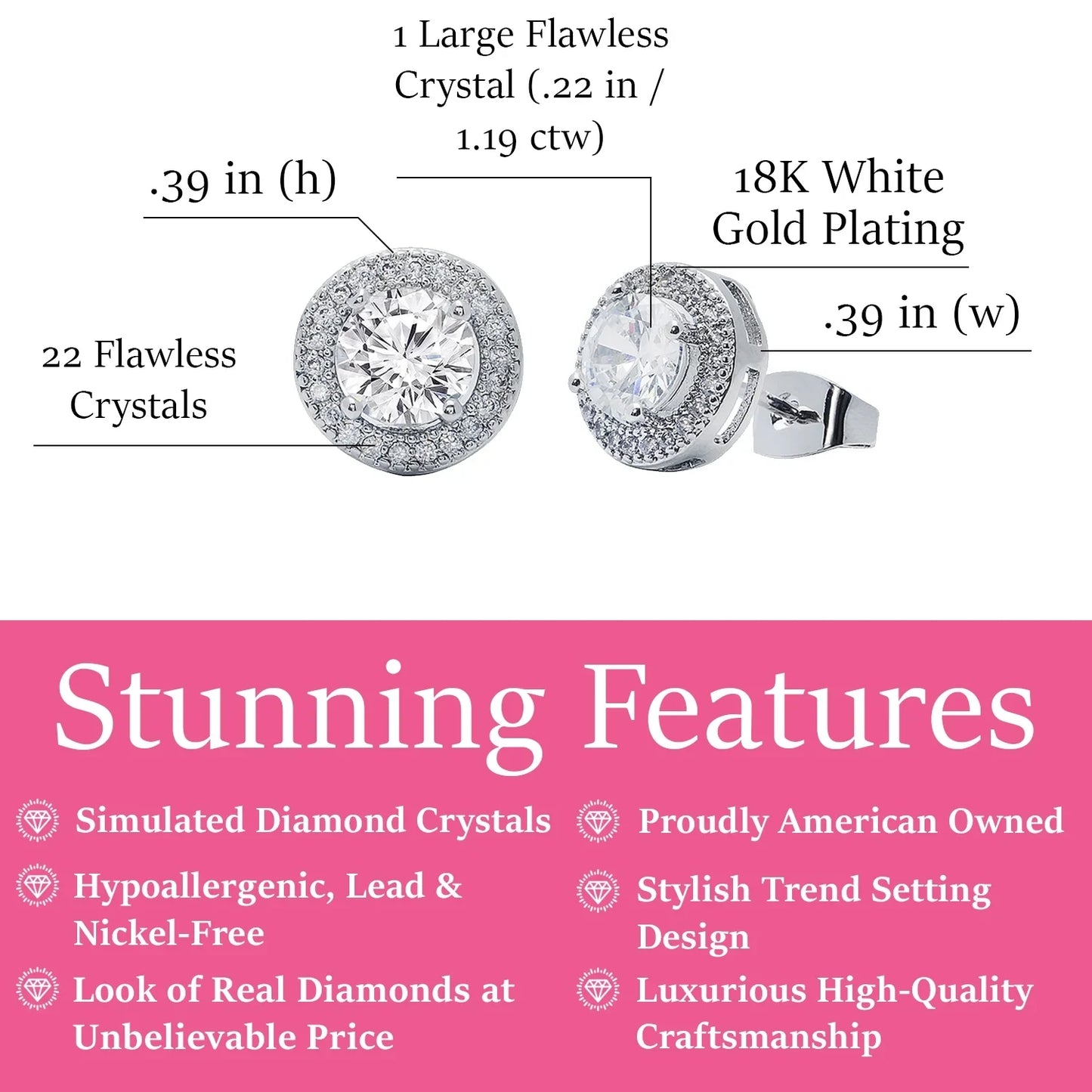 18k White Gold Plated Halo Stud Earrings with Diamond Crystals Gift for Women