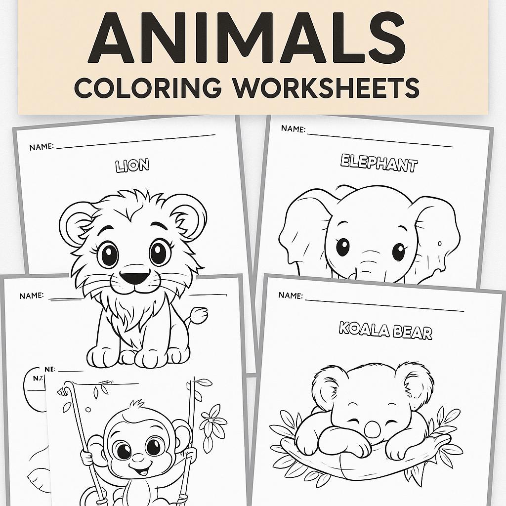 Animals Coloring Pages Activity Worksheet | Black and White | Illustrative Style
